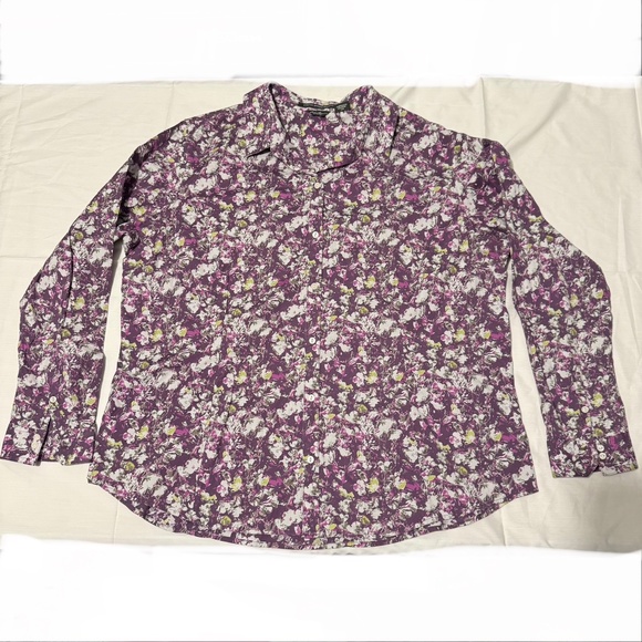 woman stretch wrinkle resistant floral purple / green long sleeve polo shirt - Picture 4 of 8